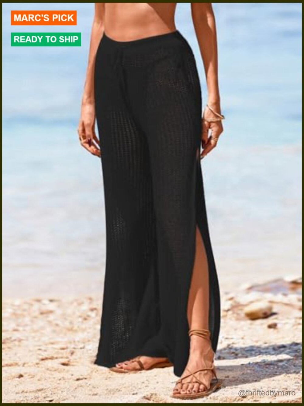 Crochet Knit Elastic Waist Beach Coverup Pants Side Slit Sheer - Picture 4 of 7